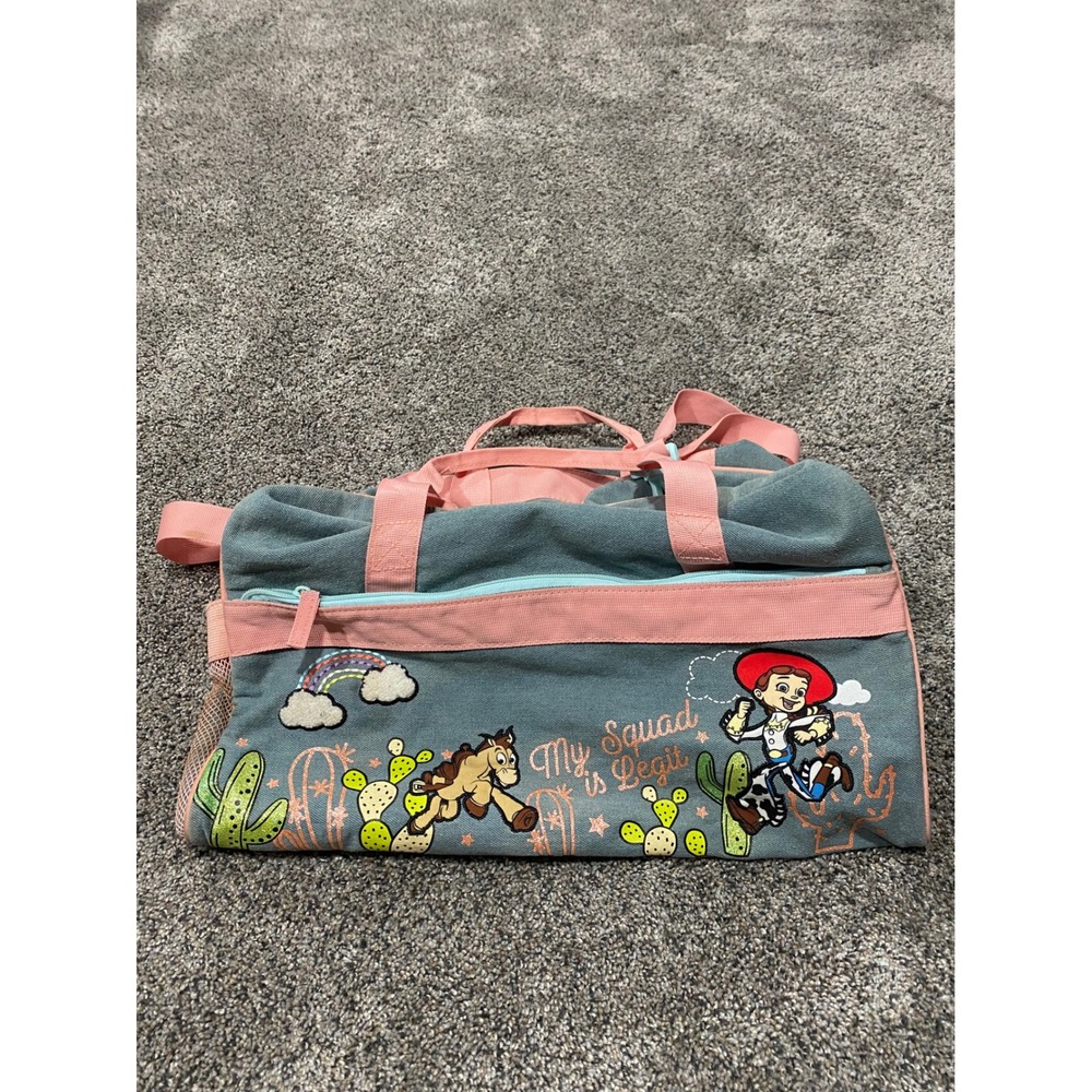 Disney Toy Story Jessie Bullseye Duffel Bag Blue Pink My Squad is Legit Gym Bag